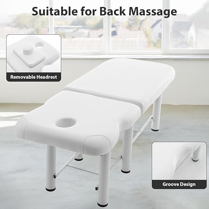 Professioanl Massage Table w/Adjustable Backrest for Treatment Table Spa Facial Bed Barber Beauty Equipment, Metal Frame PU Leather, Removable Headrest Salon Bed, White