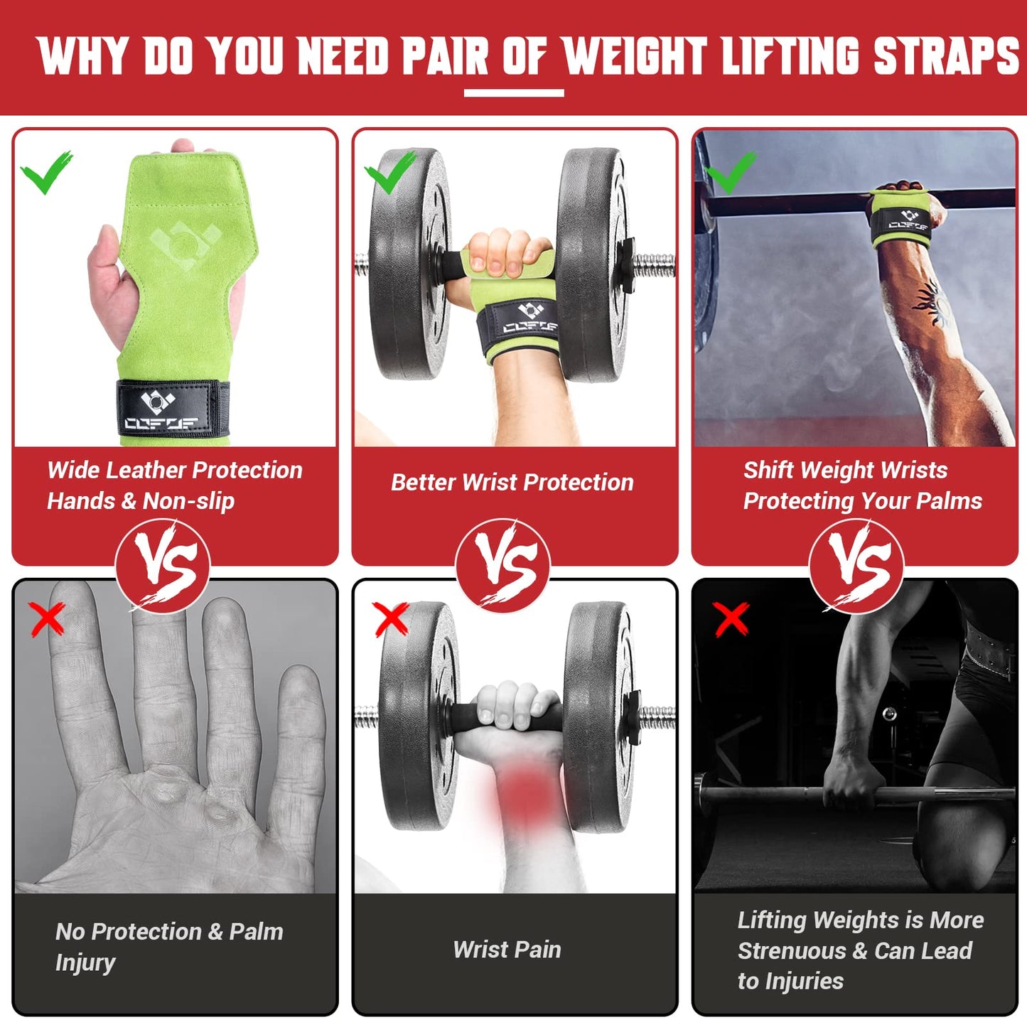 COFOF Weight Lifting Wrist Strap,Double Layer Leather Weightlifting Wrist Strap for Deadlift and Powerlifting, Adjustable Neoprene Padded Gym Workout Lifting Wrist Hooks for Men/Women(Pair)