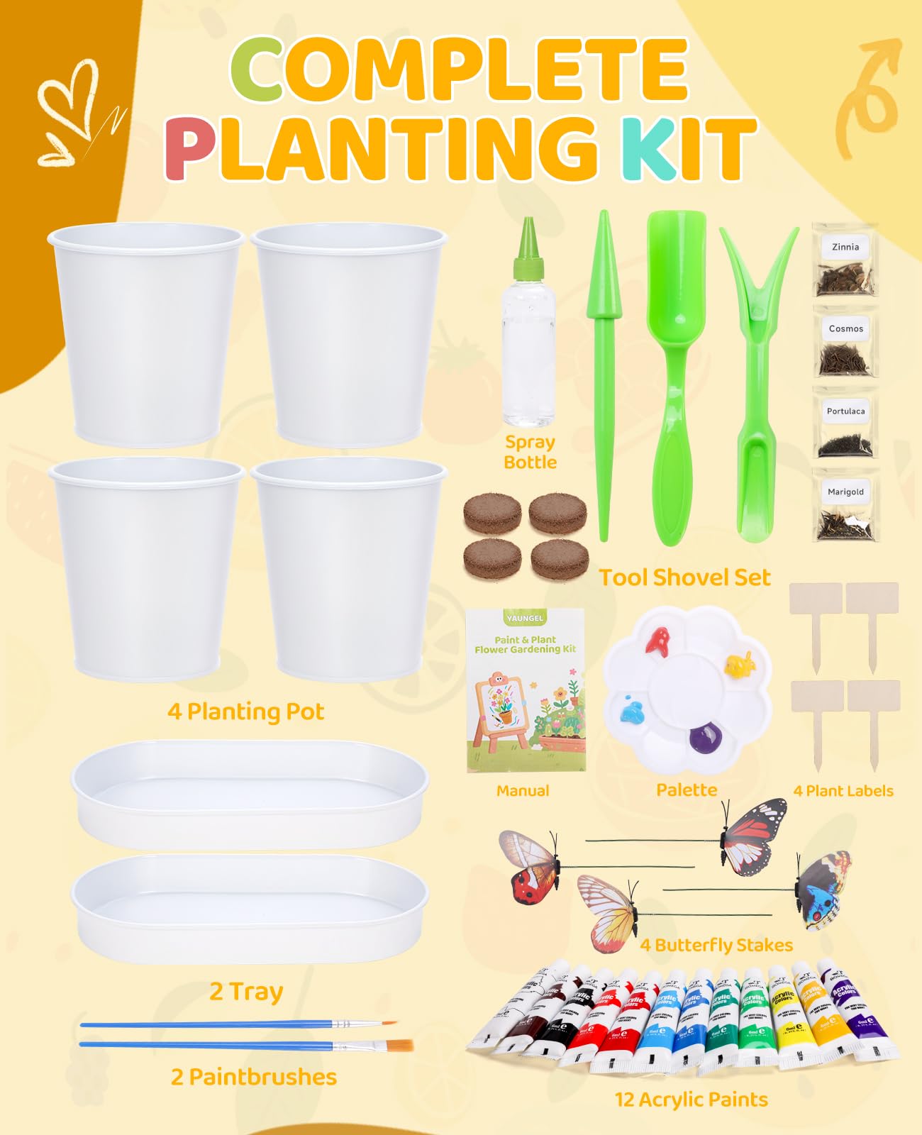 YAUNGEL Paint & Plant Flower Kids Gardening Set, Arts and Crafts for Kids Growing Painting Kit with 4 Pots, Christmas Birthday Gifts for Girls & Boys Children
