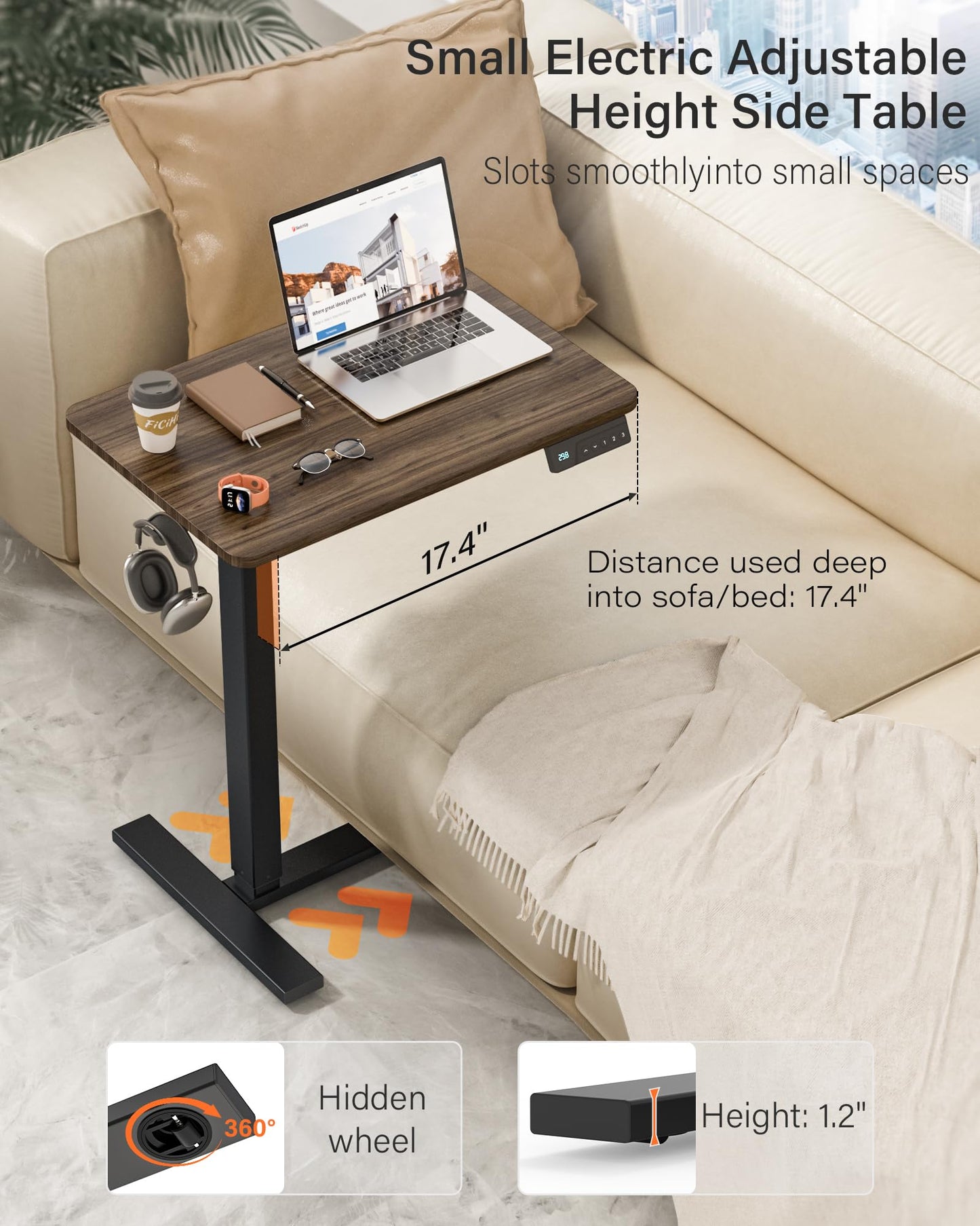 FiCiHi Mobile Standing Desk with Wheels - Electric Height Adjustable Small Movable Laptop Desk, Portable Rolling Computer Workstation Sit Stand Table for Home Office, Sofa & Bedside Use(23.6", Walnut)