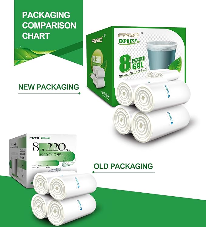 FORID Clear Trash Bags, 8 Gallon Garbage Bags, Wastebasket Bin Liners 220 Count Plastic Trash Bags for Bathroom Bedroom Office Garbage Can 30 Liters - Durable & Thick Trash Bag - Medium