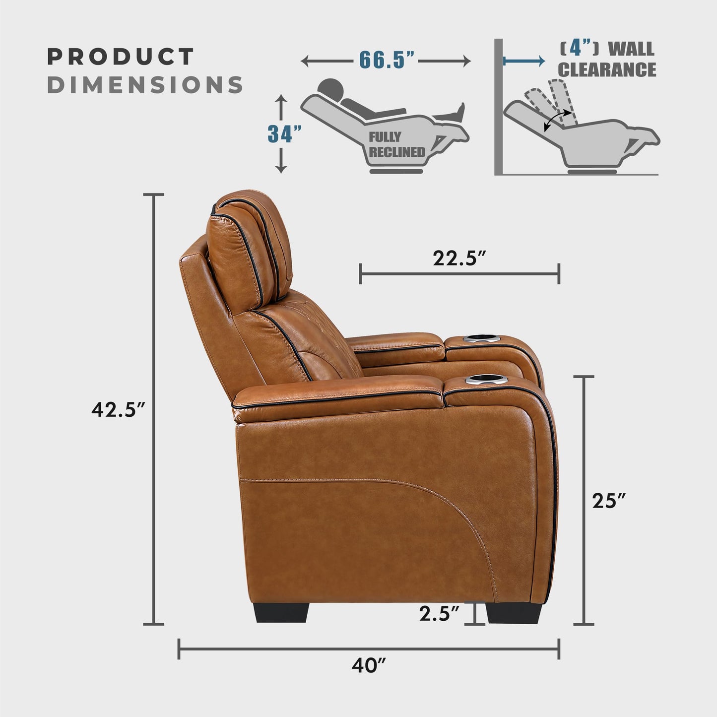 Lexicon Power Double Reclining Loveseat, Center Console/Heat/Massage/Headrest/Storage Arms/Cup Holders/LED Lights/Wireless Charging, Top Grain Leather Match Wall Hugger Recliner Loveseat, Brown