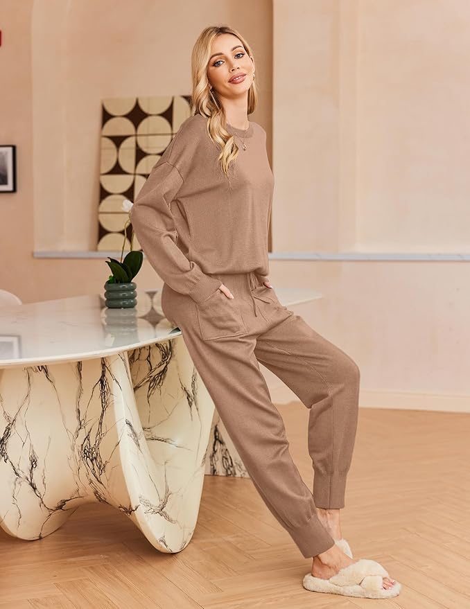Ekouaer Women's 2 Piece Lounge Set Long Sleeve Knit Pajamas Sweatsuit Jogger Pant Outfits With Pockets S-XXL
