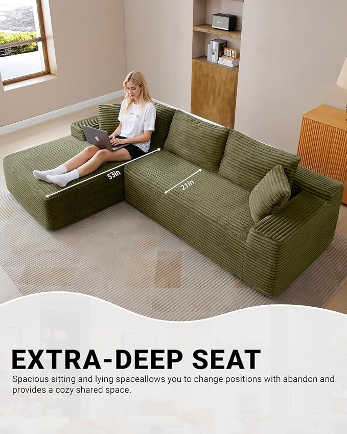 108" Cloud Sectional Couch,Modern Modular Sectional Sofa with Deep Seat,Corduroy Boneless Couches with L-Shape Chaise for Living Room,No Assembly Required (Green, Left Facing Chaise)