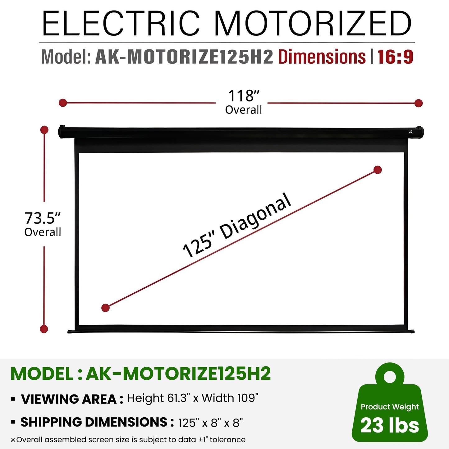Akia Screens 125-Inch Motorized Projector Screen, 16:9, Electric Drop Down with Remote, Wall or Ceiling Mount, 4K/8K Ready, AK-MOTORIZE125H2.