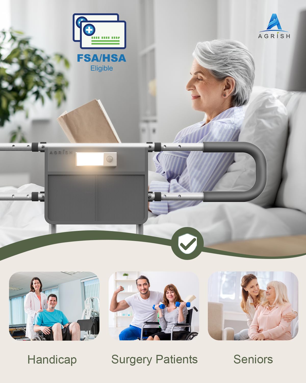 Agrish Bed Rails for Elderly Adults Safety - FSA/HSA Eligible with Motion Light & Storage Pouch - Bed Assist Rails for Seniors, Surgery Patients & Handicap, Fit King Queen Full Twin Bed