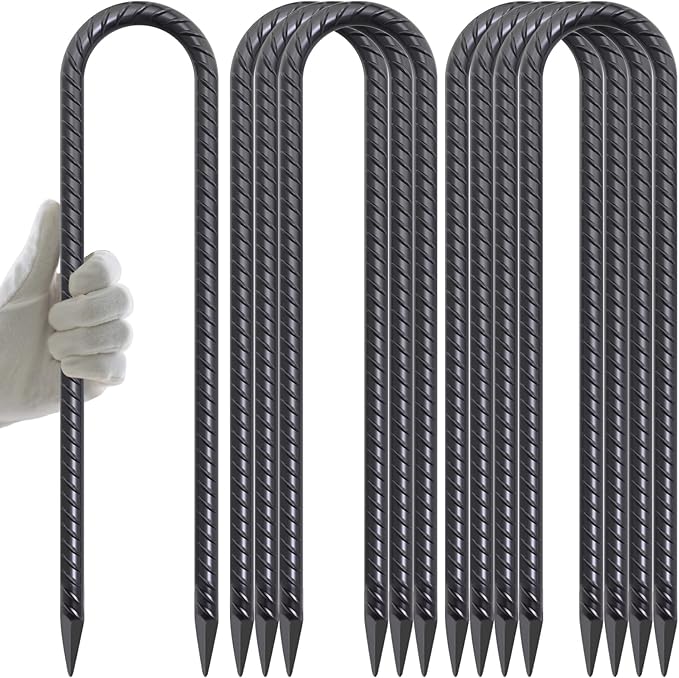 AAGUT Trampoline Stakes 16 Inch 8 Pack, 3/8 Inch Trampoline Tie Down Anchor Kit High Wind Heavy Duty, Black Coated Trampolines Accessories U Shaped Ground Rebar Stakes for Soccer Goal, Swing Set