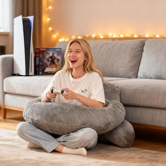 PAJEO Reading Pillow for Bed,U Shaped & Back Support Pillow for Bed,19" Backrest with Lumbar & Arm Support,Luxurious Faux Rabbit Fur,Gaming PillowFor Crochet/Reading/Watching TV,Gray