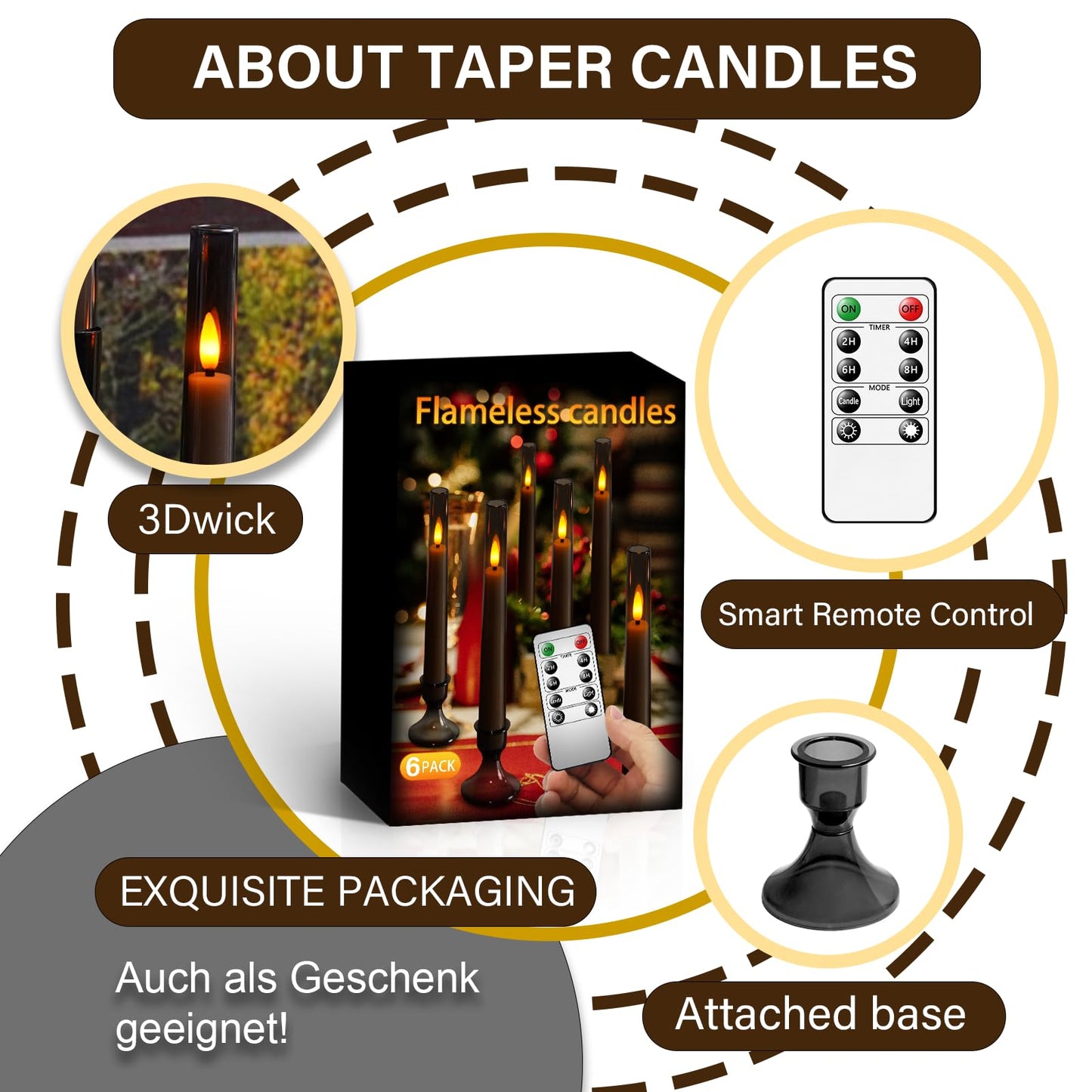 kakoya Upgraded Flameless Taper Candles with Remote,6 PC Acrylic Battery Operated with CandleSticks，Flickering Led Window Candles for Home Table and Wedding Decor（Grey）