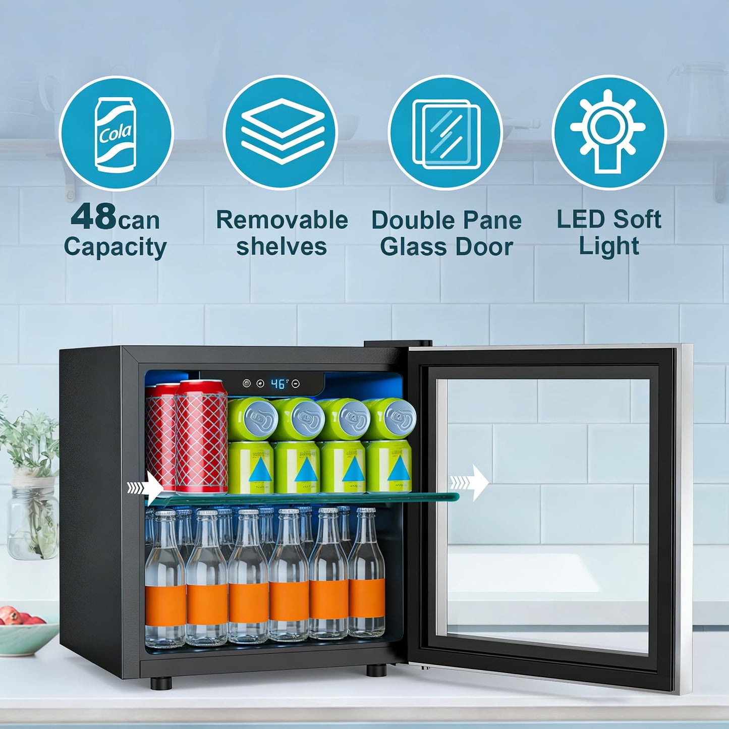 Electactic 48 Can Beverage Refrigerator,12 Bottle Wine Cooler with Seamless Stainless Steel & Glass Door, Digital Temperature Display, Countertop Mini Fridge for Soda, Wine or Beer, Silver