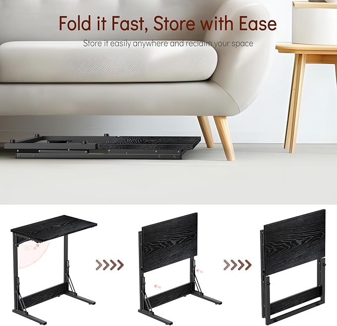 Tatub 24" Folding C Shaped End Table, Small Sofa Side Laptop Desk, Couch TV Tray Table for Living Room, Bedroom, Dark Black