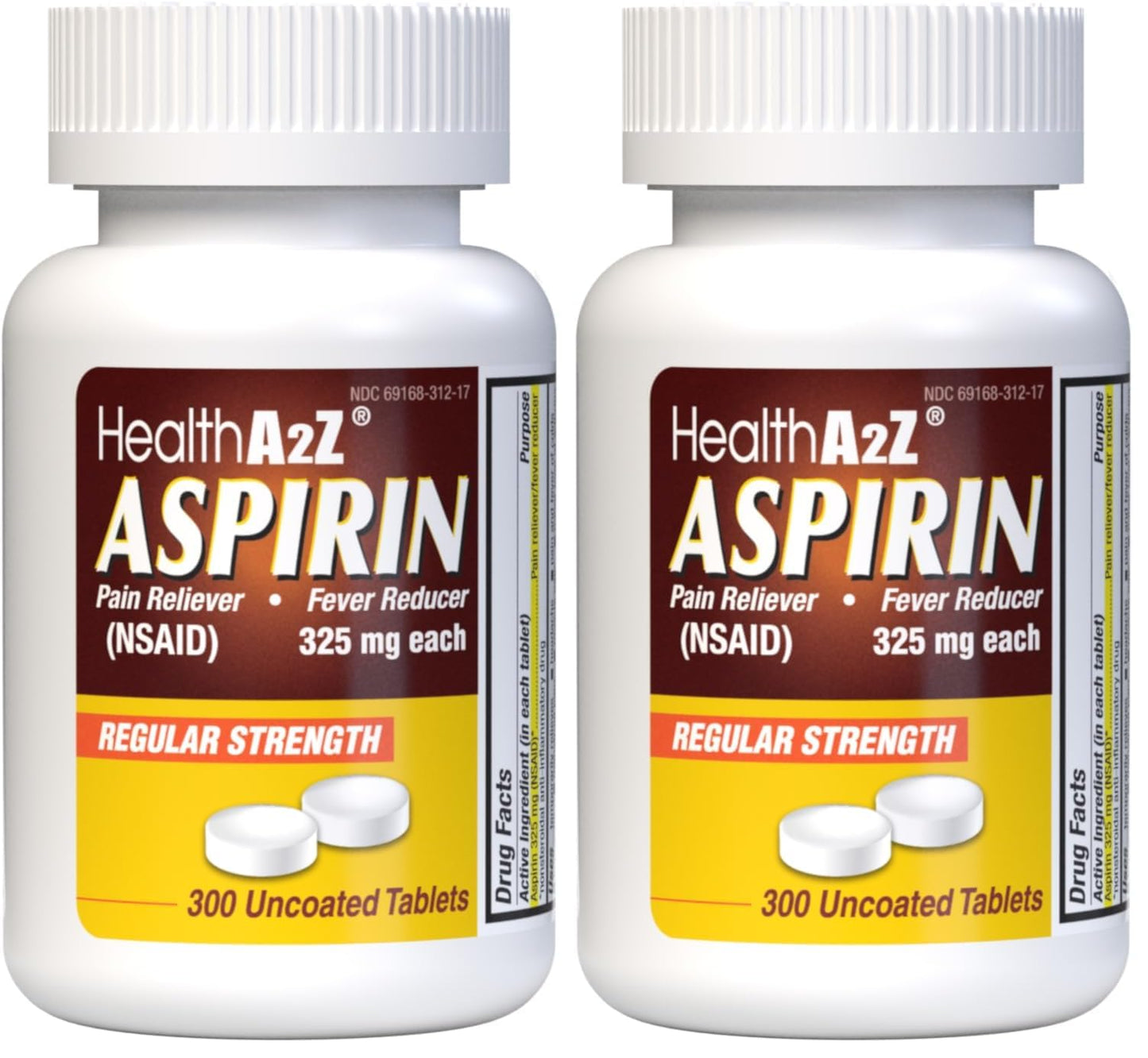 HealthA2Z® Aspirin 325mg | Uncoated Tablets |Original Strength | Pain Reliver | Fever Reducer | Compare to Bayer® Active Ingredients… (300 Counts) (Pack of 2)