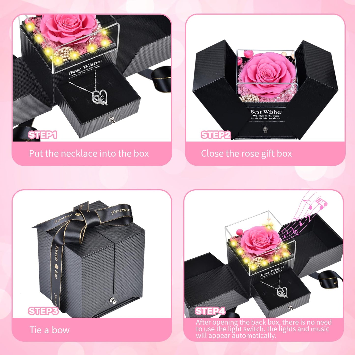 Pasuvsigt Gifts for Women - Preserved Real Rose with I Love You Heart Necklace, 100-Language LED Music & Lights, Romantic Birthday/Anniversary/Thanksgiving for Women and Girlfriend