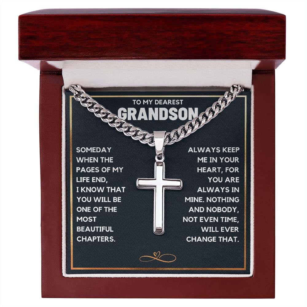 FG Family Gift Mall Grandson Birthday Gifts From Grandma Present For Grandson From Grandmother To My Grandson Necklace From Grandparents Cross Chain with Message Card and Gift Box, Stainless Steel,