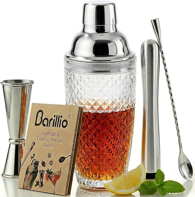 Barillio Glass Cocktail Shaker Set | 14 oz Cobbler Mixer with Bar Tools | Bartender Kit with Measuring Jigger, Mixing Spoo...