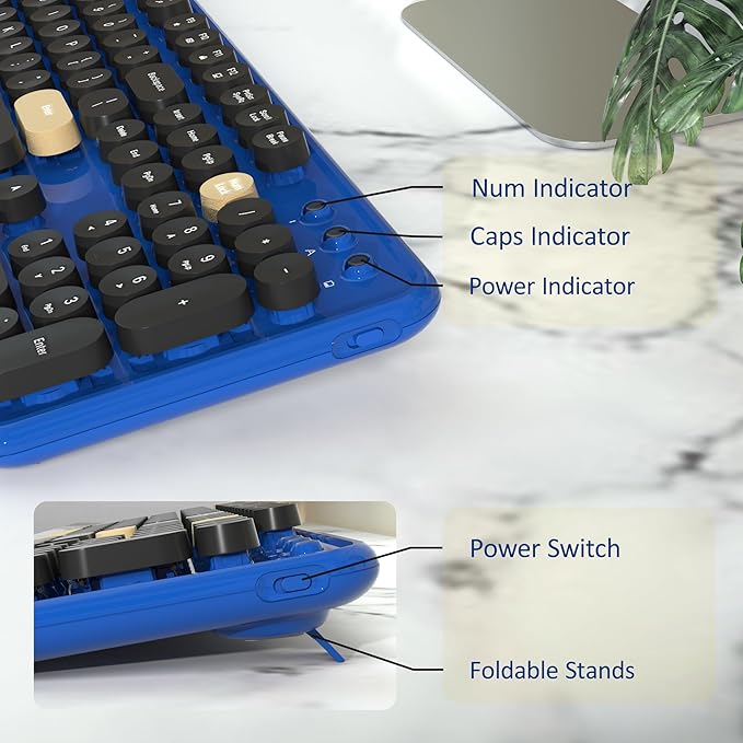 Wireless Computer Keyboards Mouse Combos, COVEVA Colorful Typewriter Retro Keyboard with Round Keycaps, USB Keyboard and Mouse Set 2.4GHz Full-Size Wireless Keyboard and Optical Mouse（Black-Blue）