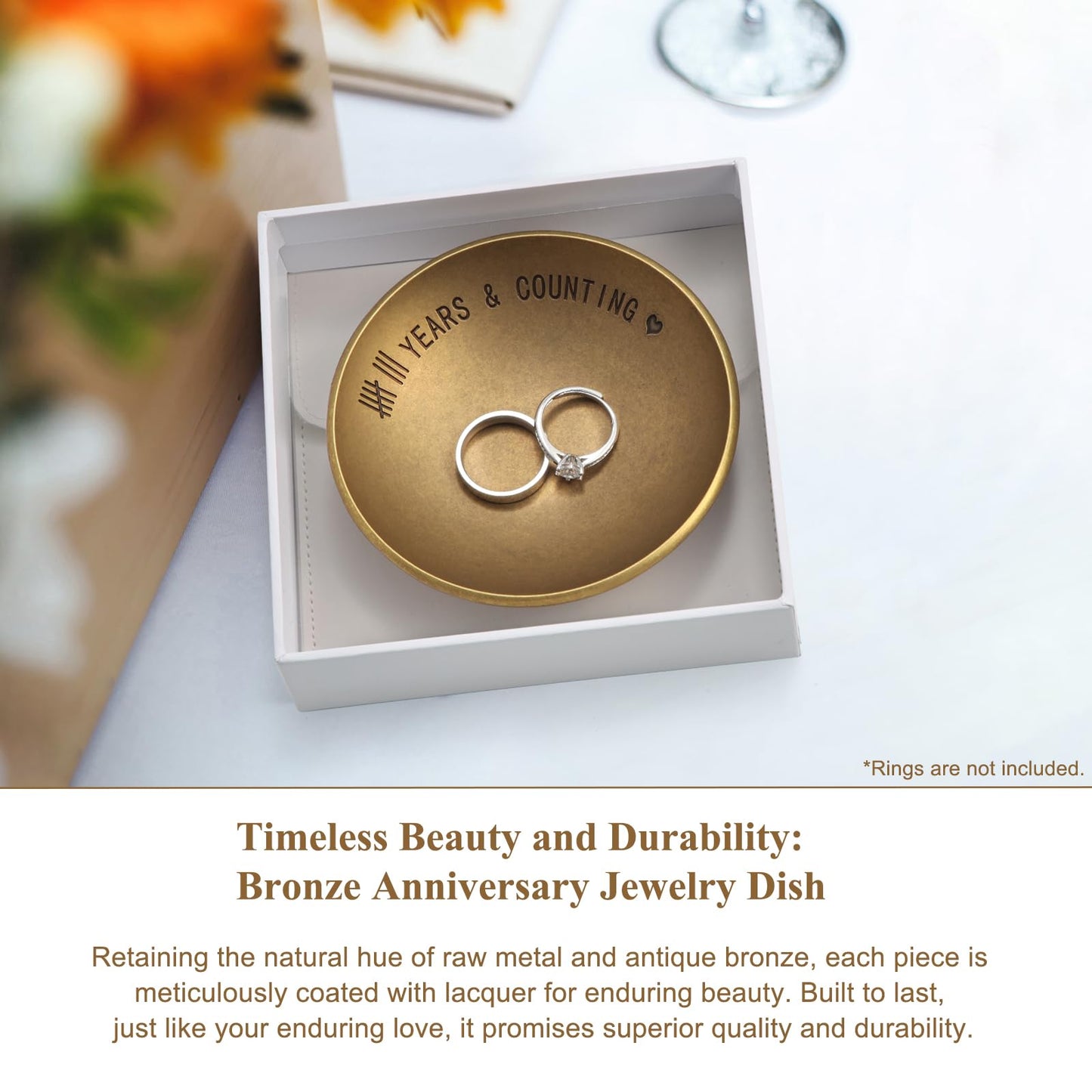 Urllinz Bronze 8 Year Anniversary Wedding Gifts - 8th Anniversary Jewelry Tray for Him Men Wife Couple, Bronze Ring Holder Dish & Card & Gift Box, 4"