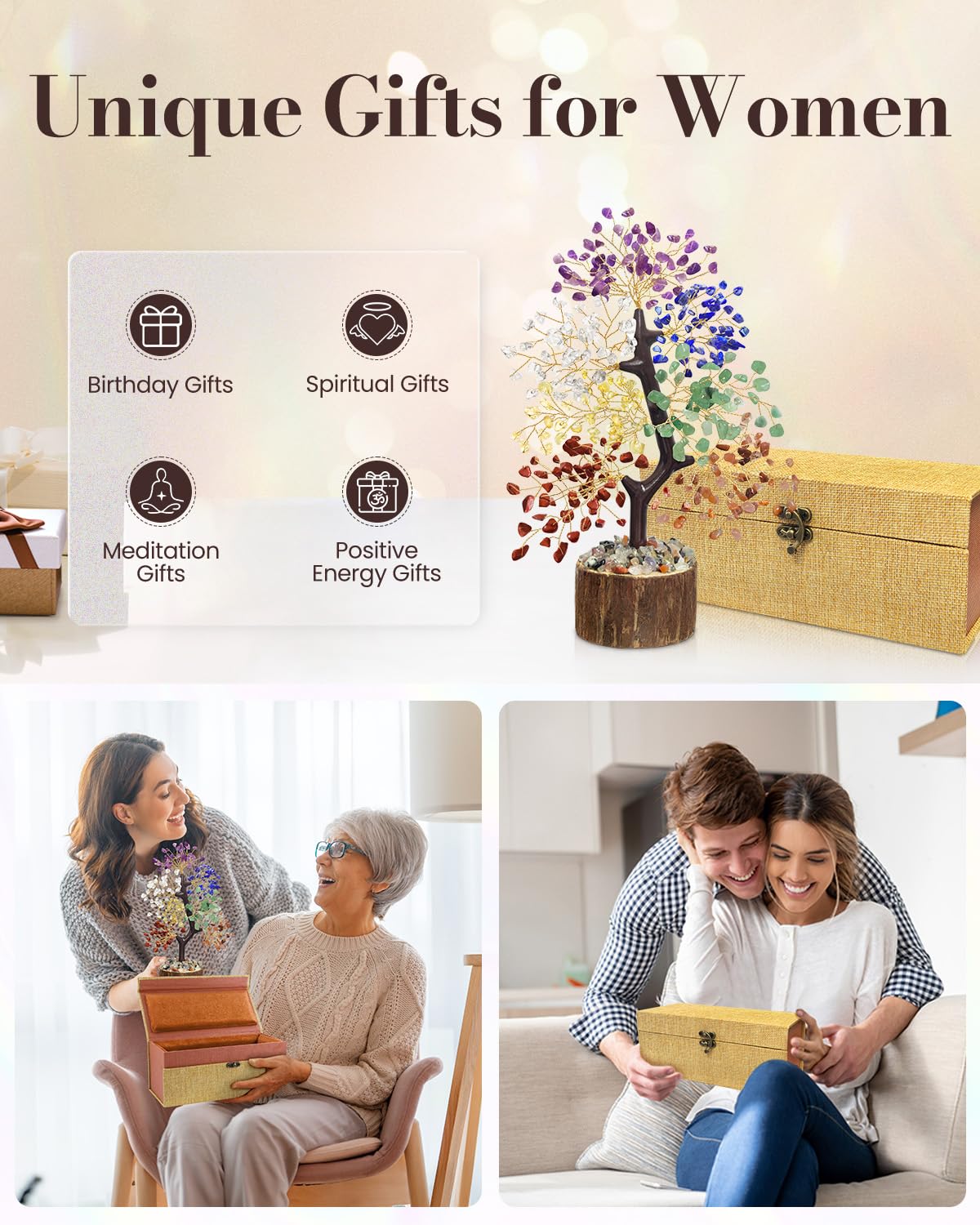 7 Chakra Crystal Tree of Life - Unique Birthday Gifts for Women, Healing Crystal Trees for Home Decor, Office Desk Decor, Positive Energy Spiritual Cleansing for Meditation Crystals and Healing Stones