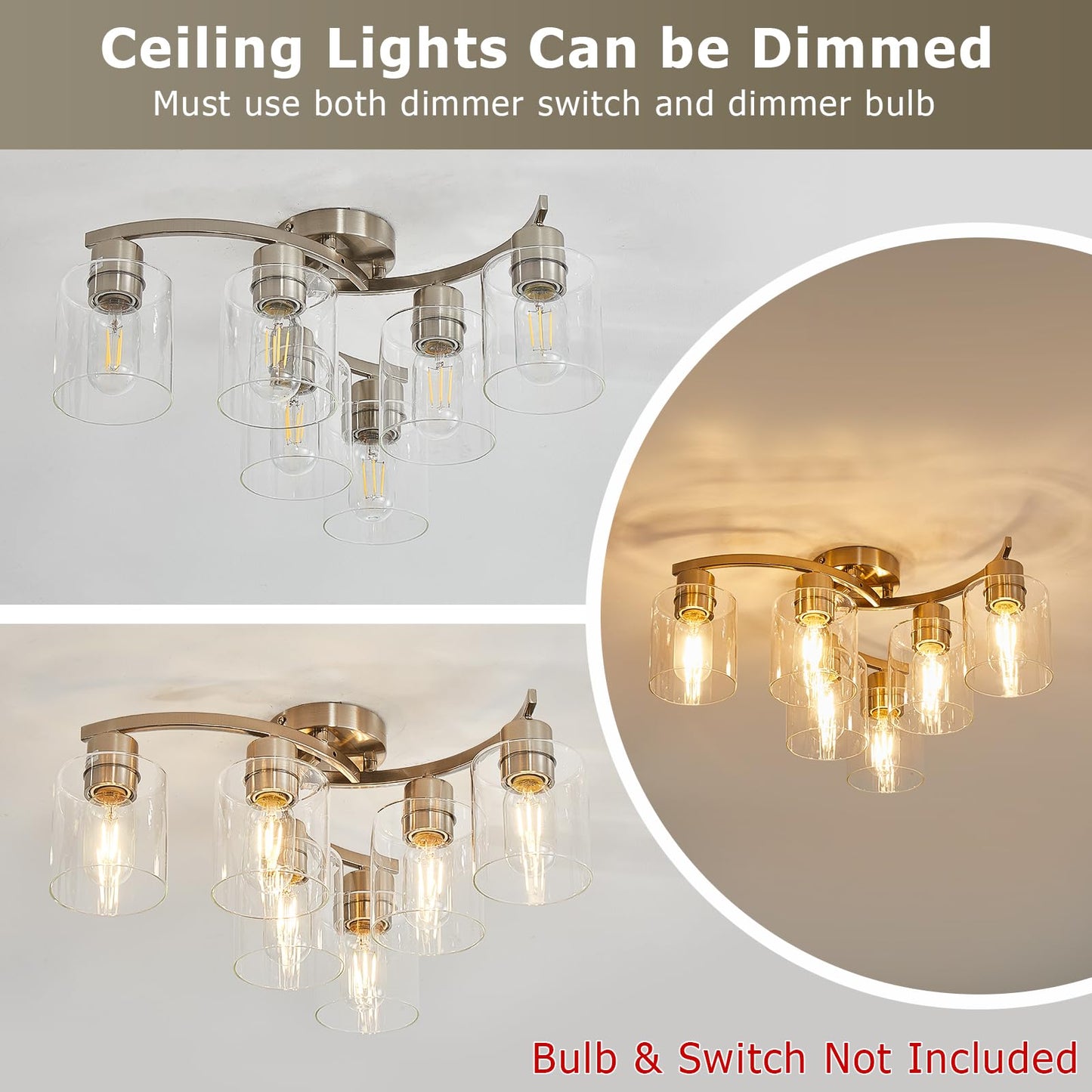 Brushed Nickel Flush Mount Ceiling Light, Kitchen Lighting Fixtures Ceiling, 6-Light Dining Room Light Fixture with Clear Glass Shade, Modern Ceiling Light Fixture for Bedroom, Living Room, Entryway