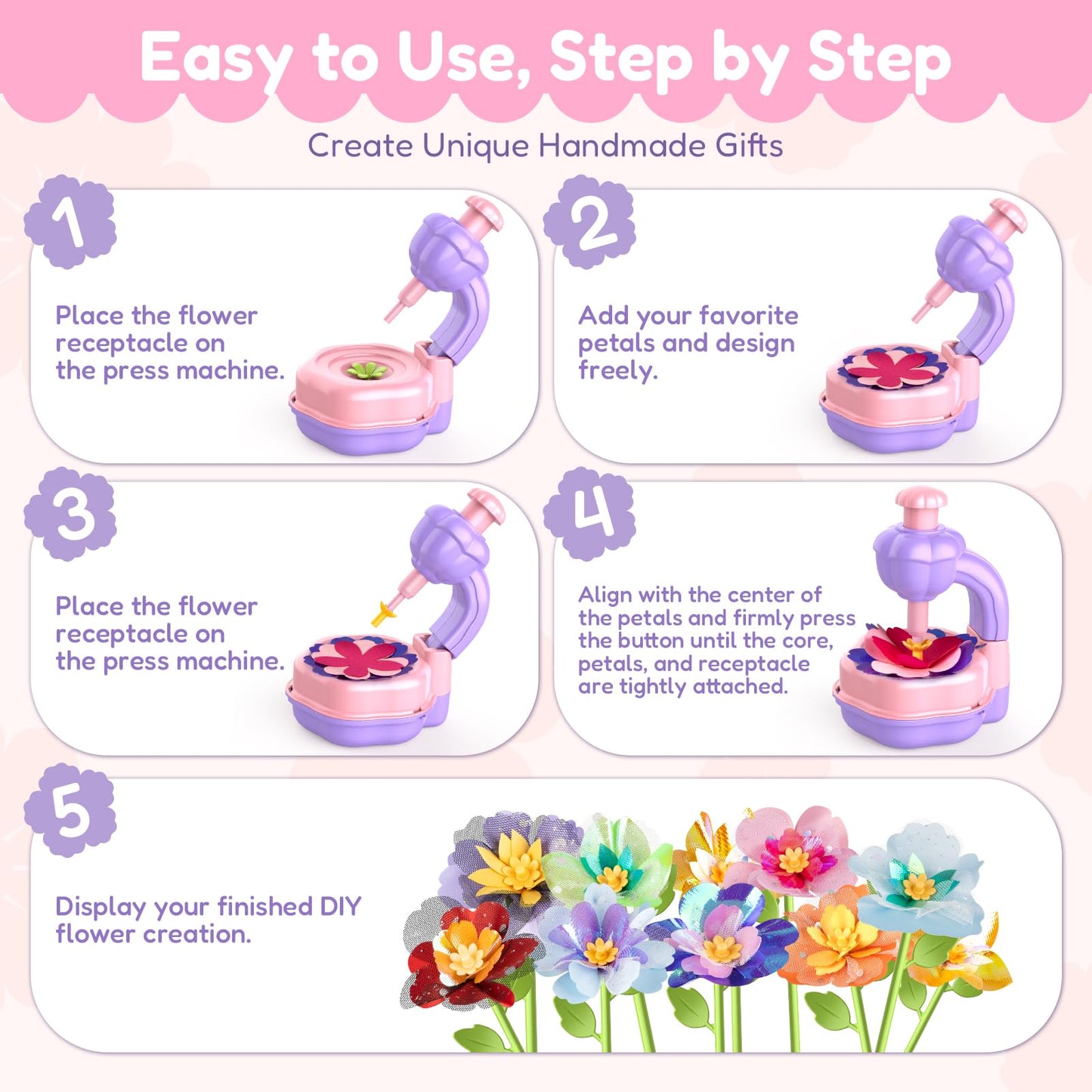 Fabric Flower Bouquets Toys DIY Flower Press Kit Arts and Crafts for Kids Ages 4-8 6-8 8-12 Girls, Creative Flower Bouquet Making Set Craft Supplies Gifts for 7 Year Old Girl Birthday Christmas
