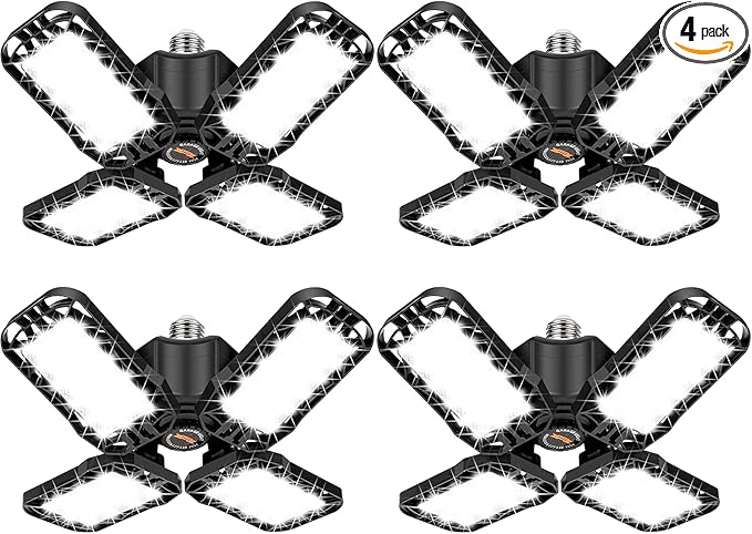 Tudoccy LED Garage Light 4 Pack, 120W Ultra Bright LED Shop Light with 4 Adjustable Panels, 12000LM E26/E27 Base Deformabl...