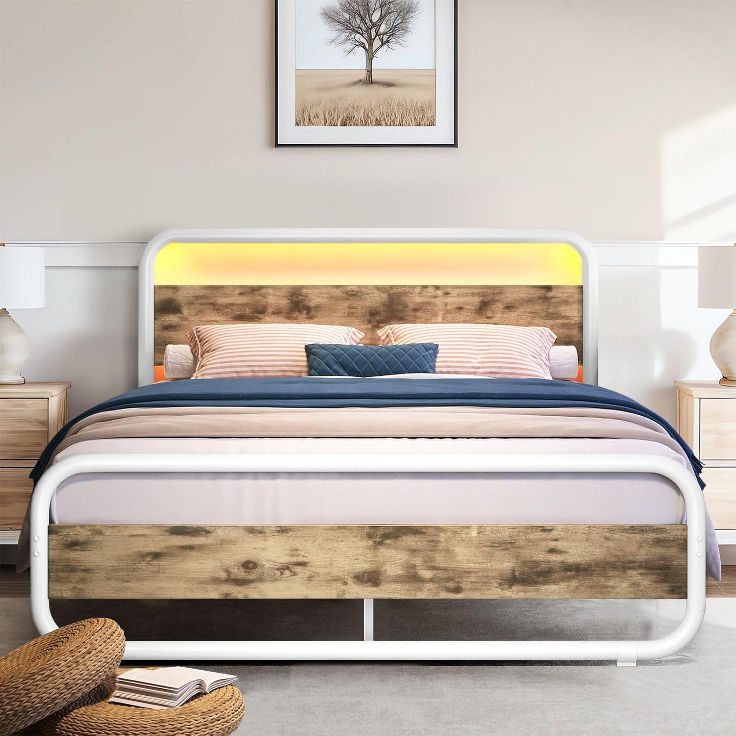 Catrimown Queen Size Bed Frame, Queen Bed Frame with Led Headboard, Metal Platform Bed Frame with 12" Under Bed Storage, Noise Free, No Box Spring Needed, White