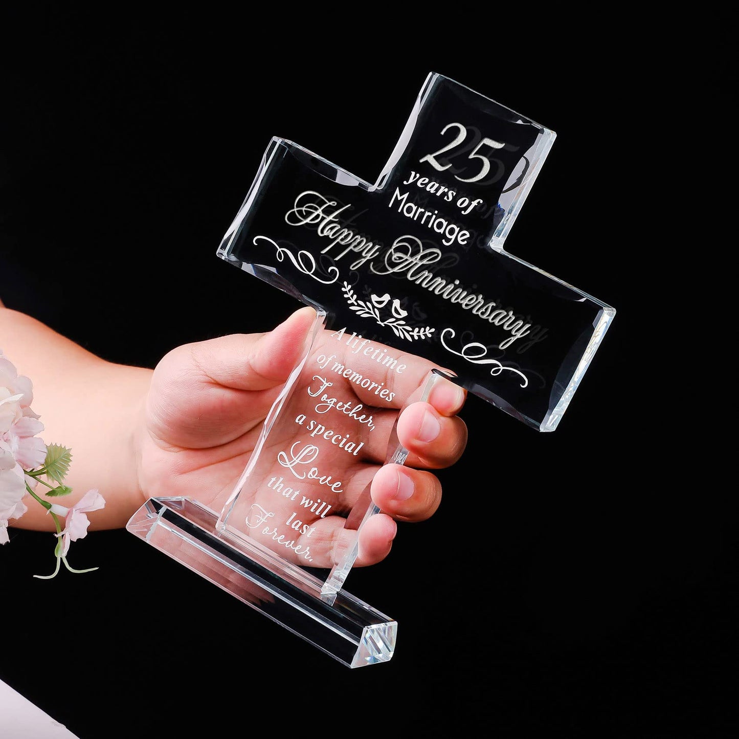 YWHL 25th Wedding Anniversary Glass Cross Gifts for Wife Husband, Laser Engraved 25 Year Anniversary Standing Cross Gifts for Couple, 25 Years of Marriage Decorations