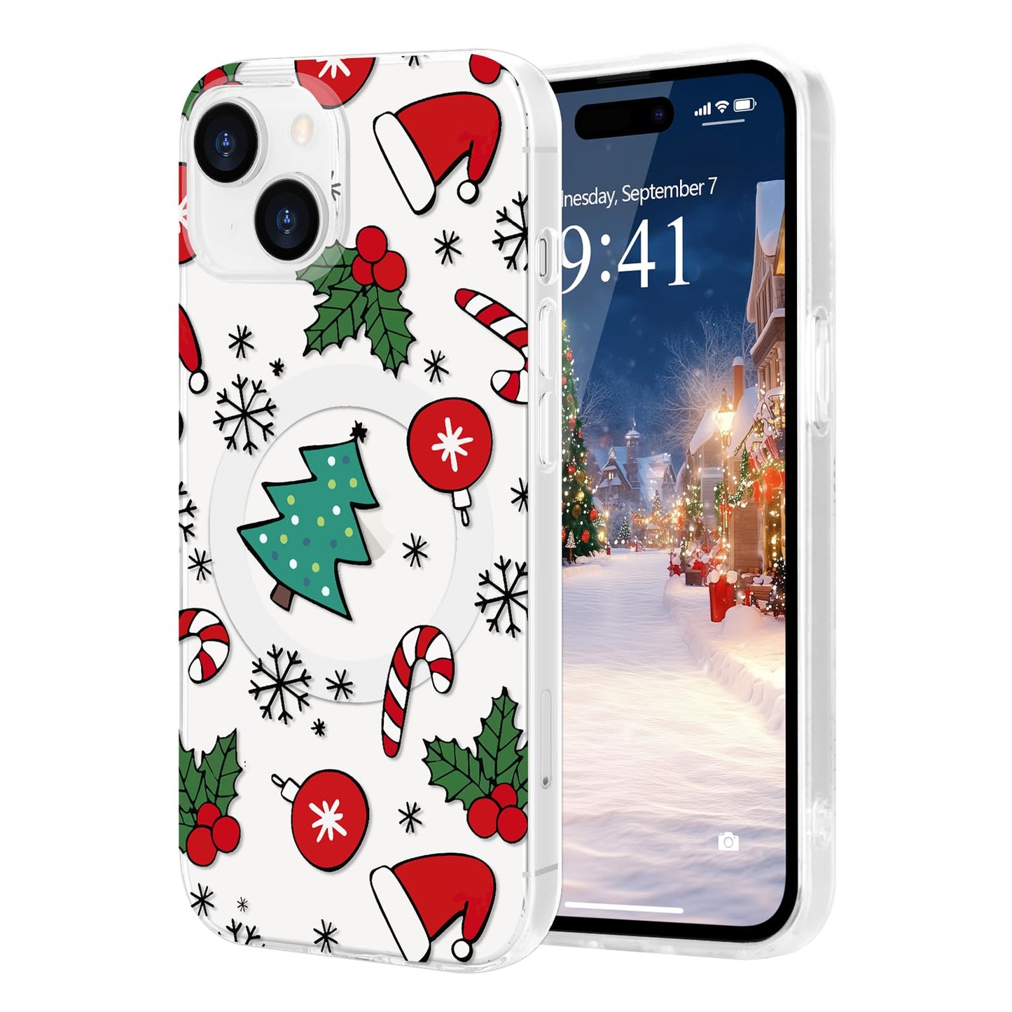 Pepmune for iPhone 13/14 Case, Cute Merry Christmas Clear Phone Cover for Kids Women Men Xmas Tree Pattern Compatible with MagSa