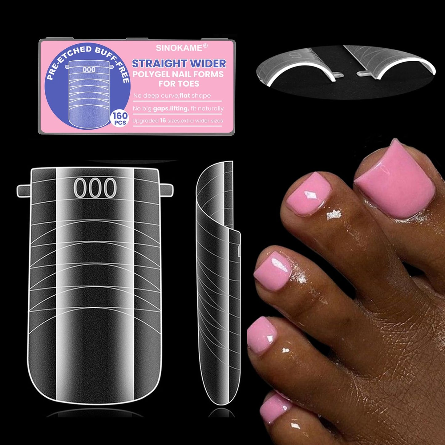 Straight Wider Polygel Toenail Forms, SINOKAME Pre-etched Flat Curve Square Toe Nail Dual Forms with French Guidelines Reusable,