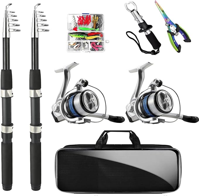 Telescopic Fishing Rod and Reel Combo Set, 2PCS Collapsible Fishing Poles, Fishing Kit with Spinning Reel Fishing Pliers a...