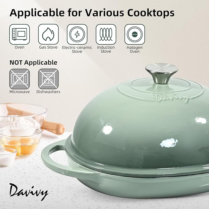 Davivy 6QT Cast Iron Oval Dutch Oven with Silicone Baking Mat, Bread Dutch Oven for Sourdough Bread Baking 6QT, Cast Iron Loaf Pan with Domed Lid - Sea Salt Green