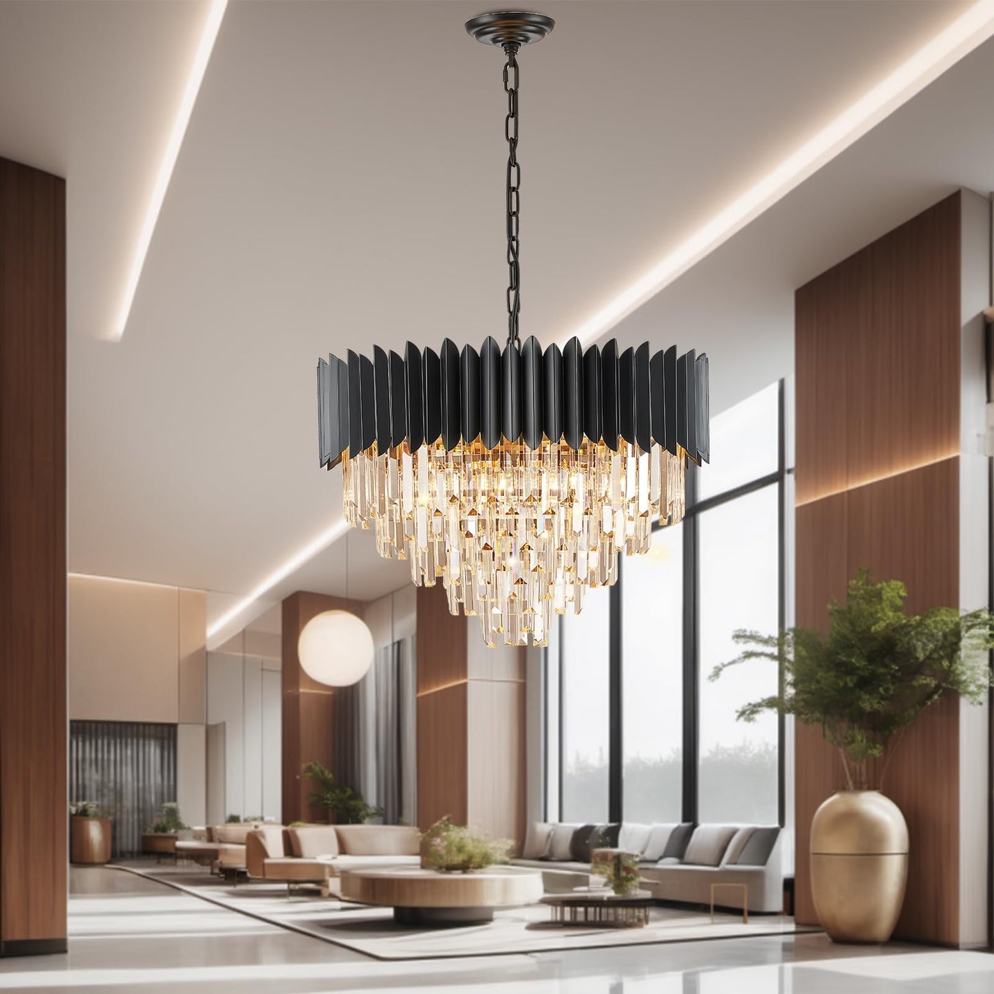 YOLIZUOT Black Crystal Chandelier 24'' K9 Crystal Round Pendant Lights Adjustable 5-Tier Large Modern Crystal Chandelier Light 10-Lights for Dining Room Living Room Kitchen Foyer Entryway