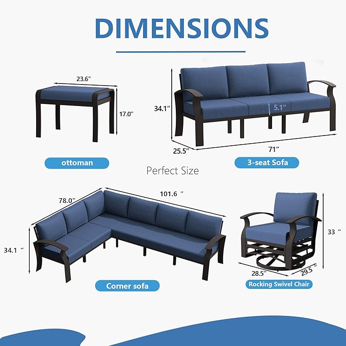 RTDTD Aluminum Outdoor Patio Furniture Set,8 Seats Patio Conversation Sets with 45" Propane Fire Pit Table,Metal Patio Sectional Furniture Set with Ottomans,Navy Blue