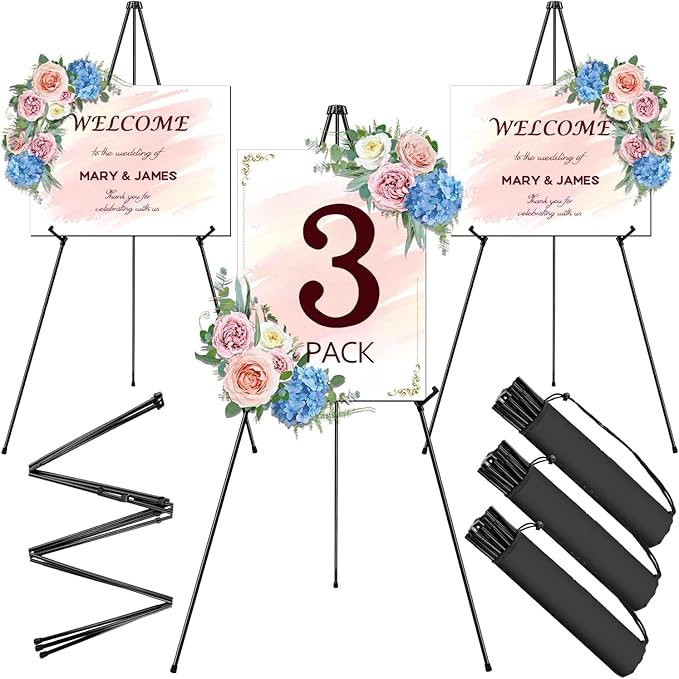 AROIC 63" Easel Stand for Display, 3 Pack Portable Foldable Metal Easel, Easels for Signs Wedding Logos,Arts, Painting,Adj...