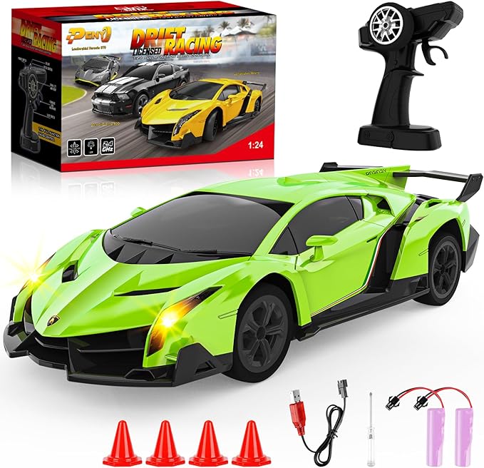 Lamborghini Remote Control Car, Officially Licensed 1:24 Scale 2.4GHz RC Drift Car Toys with Headlight, Lambo Hobby Rc Cars for Boy Girl 4-12 Years Old, Birthday Gift (Green)