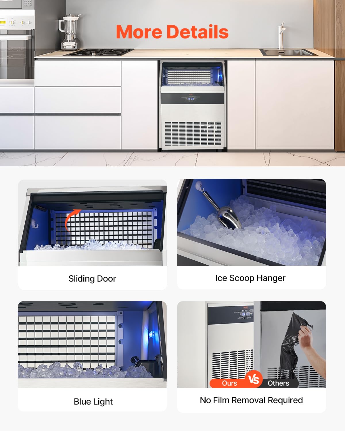 VEVOR Commercial Ice Maker, 440lb/24h Ice Maker, Storage Capacity, 120lbs, 160 Ice Cubes in 15min, LED Digital Display Freestanding Self-Cleaning for Bar Office Restaurant