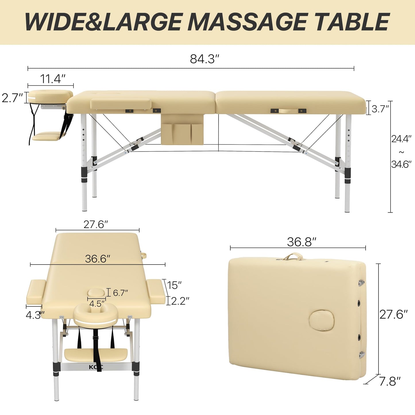 KCC Memory Foam Portable Massage Table, Foldable Tattoo Table Lash Bed Height Adjustable，28 Inchs Wide Home Salon Spa Bed Accessories &Carrying Case，Easy Set Up,Lightweight Aluminium Leg,Beige