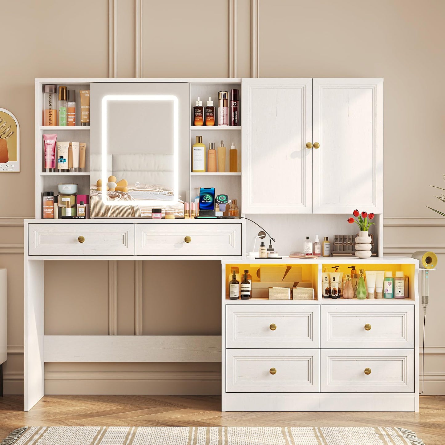 Vabches 58.6" Large Vanity Desk with Sliding Mirror & Lights, White Makeup Vanity Table & Nightstand Combo with Power Outlet and 6 Drawers 15 Shelves with Light Strips for Bedroom Dressing Room