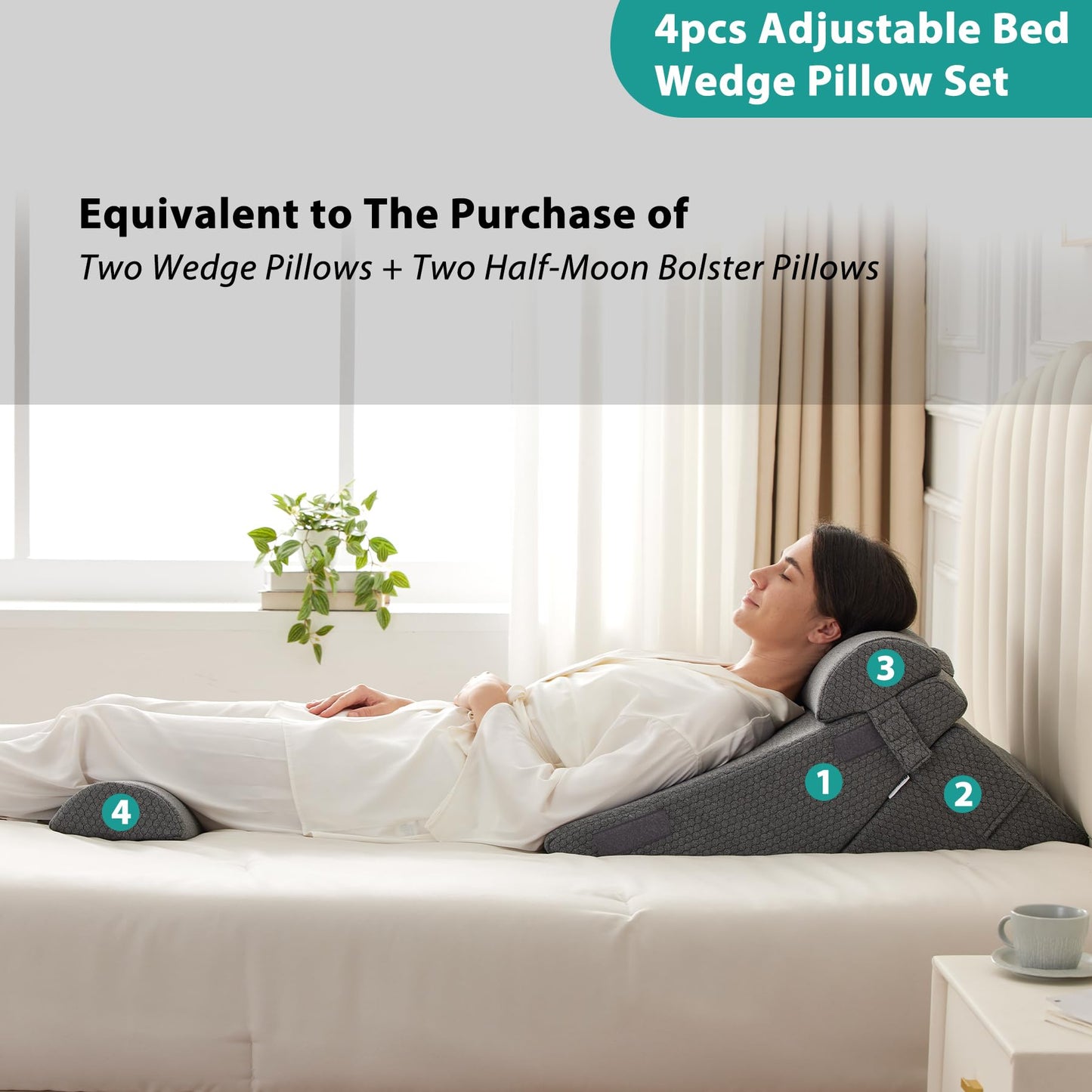 Bedluxe Adjustable 4pcs Bed Wedge Pillow Set, Memory Foam Wedge Pillow Post Surgery for Back, Neck, Leg Pain Relief, Pillow Wedge for Sleeping, Sitting up in Bed, Acid Reflux and GERD, Dark Grey