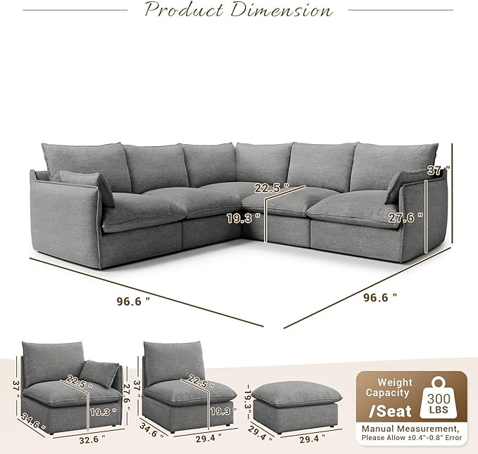 Forest aesthetics Cloud Modular Sectional,V Shape 5 Seater Waterproof High Backrest Sectional Sofas,Down Filled Modular Couch with Removable Washable Cover for Living Room,Dark Gray