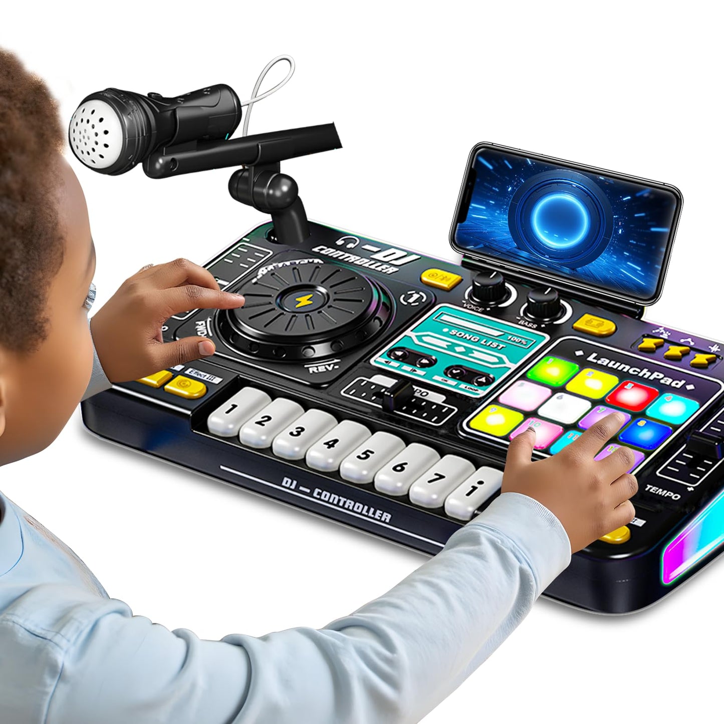 Kids DJ Mixer Controller Table Musical Toy Electronic Bluetooth Toy with LED Lights Sound Effect Microphone Piano DJ Board Key Musical Instruments Birthday Gift Toys for 3 4 5 6 7 Year Old Boy Girl