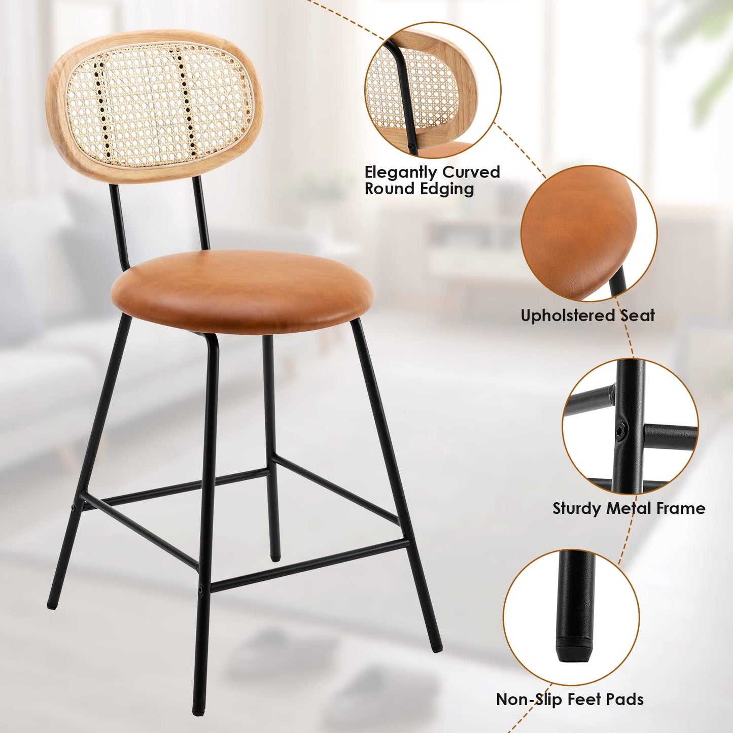 Counter Stools Set of 4, Bar Stools, Indoor Metal Counter Height Barstools for Home, Faux Leather Counter Stool with Rattan Backrest