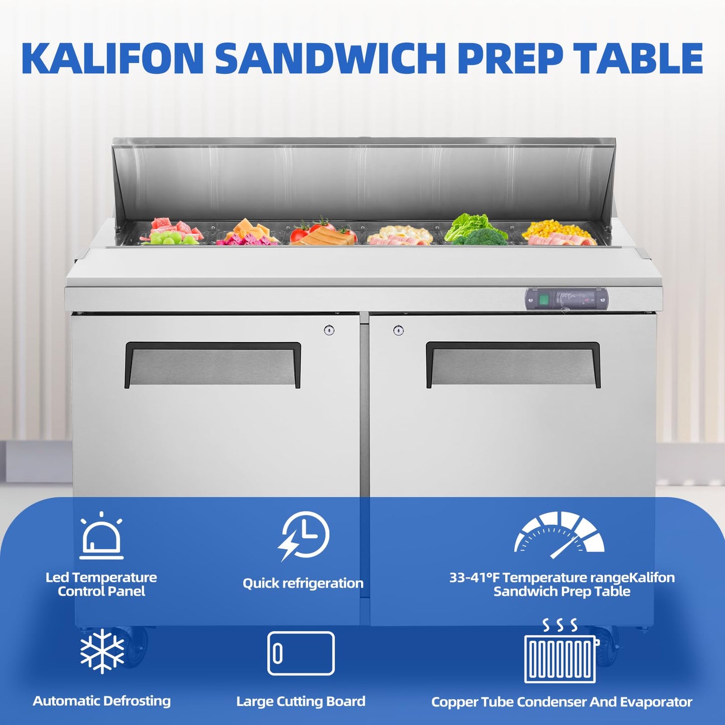 kalifon Sandwich Prep Table Refrigerator, 48" W Commercial Refrigerator Sandwich Salad Prep Table, Sandwich Prep Table with 12 Pans, Salad Bar Buffet Station For Home with 2 Shelves for Restaurant