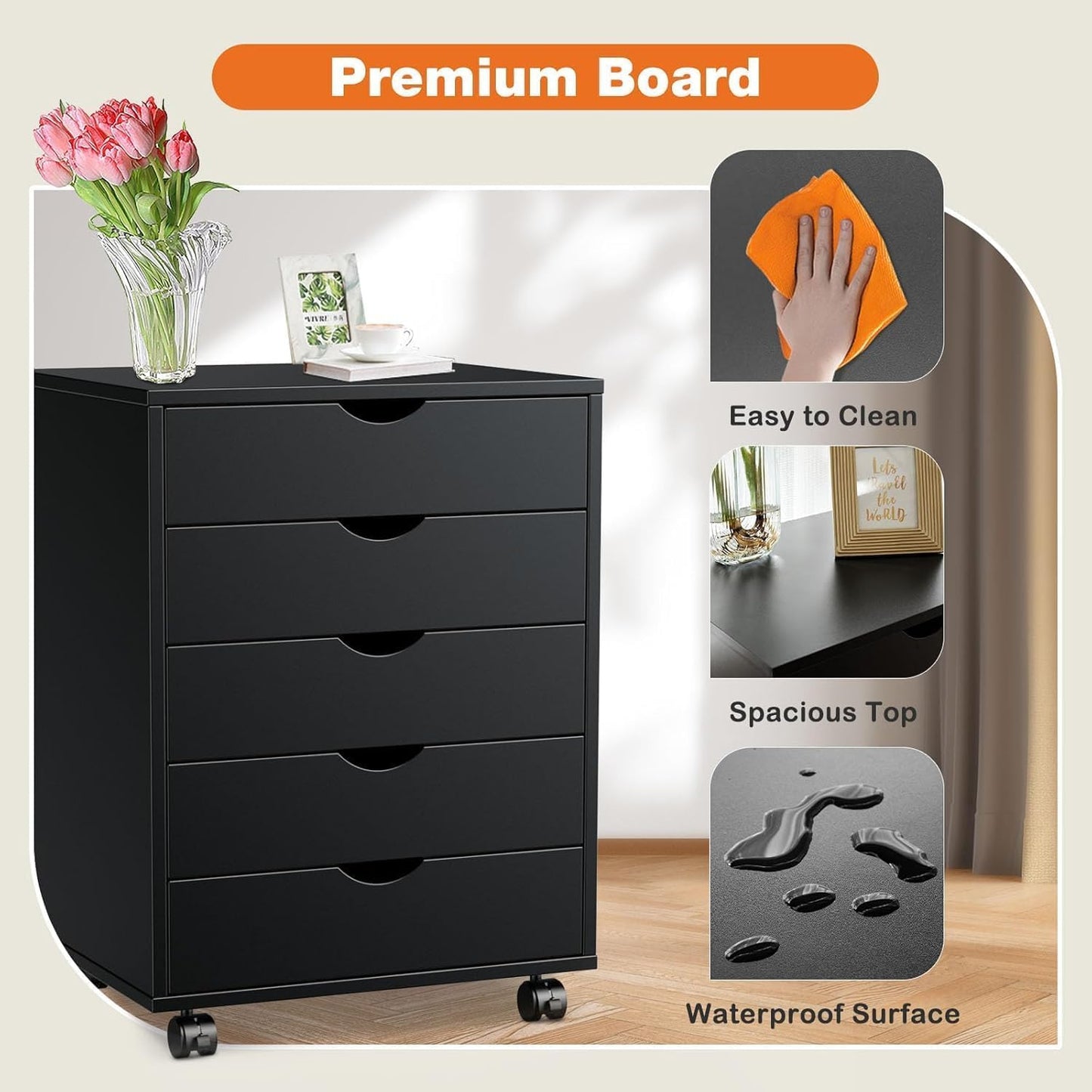Elevon 5 Drawer Chest, Dressers Storage Cabinets Wooden Dresser Mobile Cabinet with Wheels Room Organizer, Small Drawers Wood Organization Furniture for Office, Home