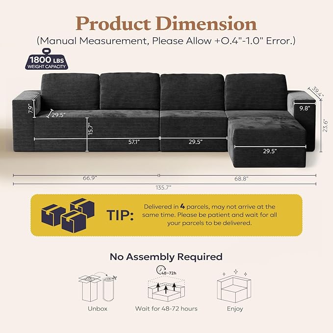 Furnify 136" Modular Sectional Sofa with L-Shape Chaise, Right/Left Facing Deep Seat Cloud Couch, No Assembly Required, Upholstered Couch for Living Room Bedroom (Black, Plush Corduroy Fabric)