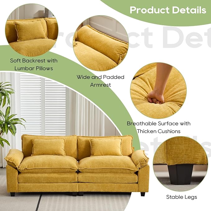 Oprisen 86" Modular Sectional Sofa, Comfy Cloud Couch Sectional Sofa, Chenille Sofa Sleeper Deep Seat Sofa with Throw Pillows for Living Room (Yellow, 86"- Loveseat)