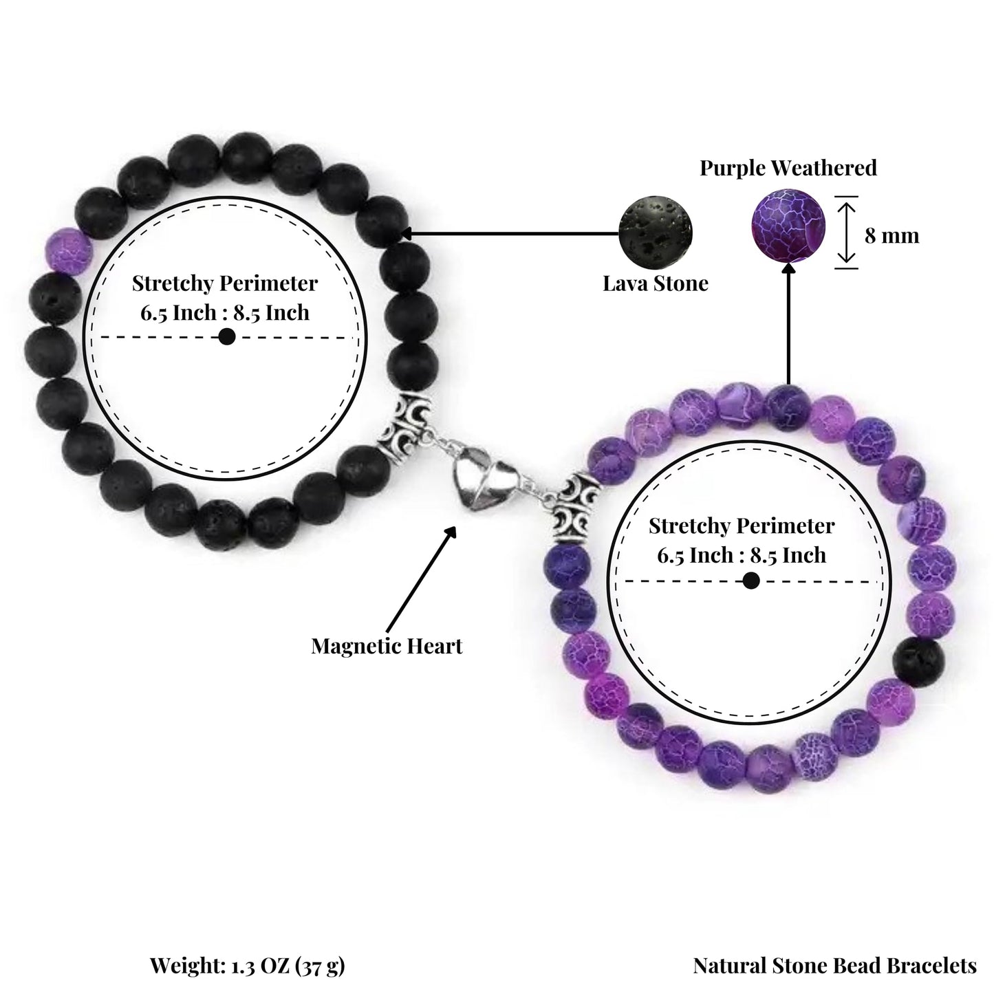 Set Of 2 Matching Couple Bracelets Magnetic Heart - Stone Beads, Stretch, Unisex Anniversary, Express Love, Valentine, Long Distance, Christmas Gift (Lava+Purple Weathered, With Luxury Giftbox)