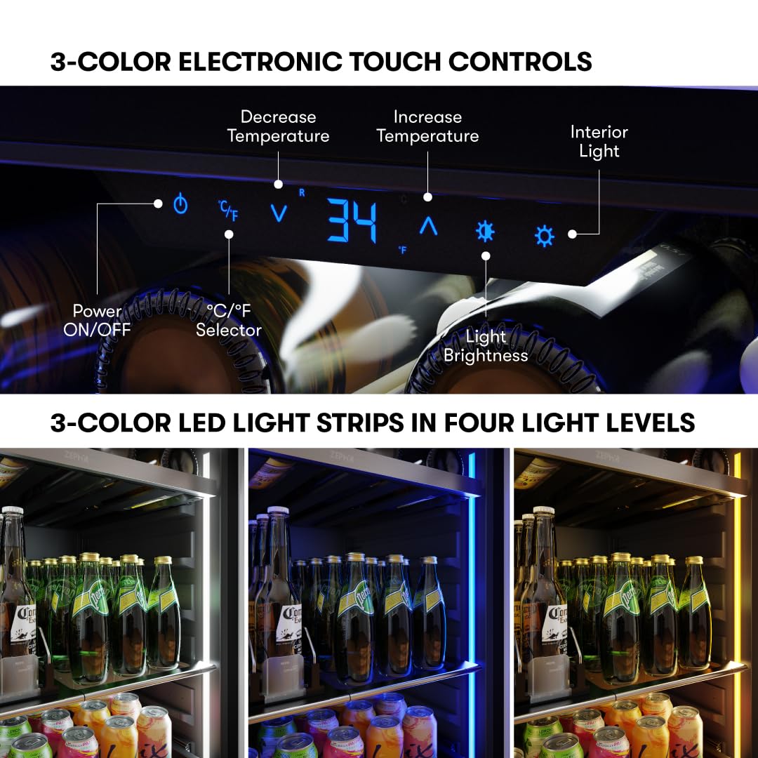 Zephyr 24" Wine Fridge & Beverage Refrigerator Single Zone Under Counter - Mini Wine Cooler Cellars Small Beer Fridge Cabinet Drink Chiller Freestanding Wine Beverage Cooler, 7 bottles,112 cans