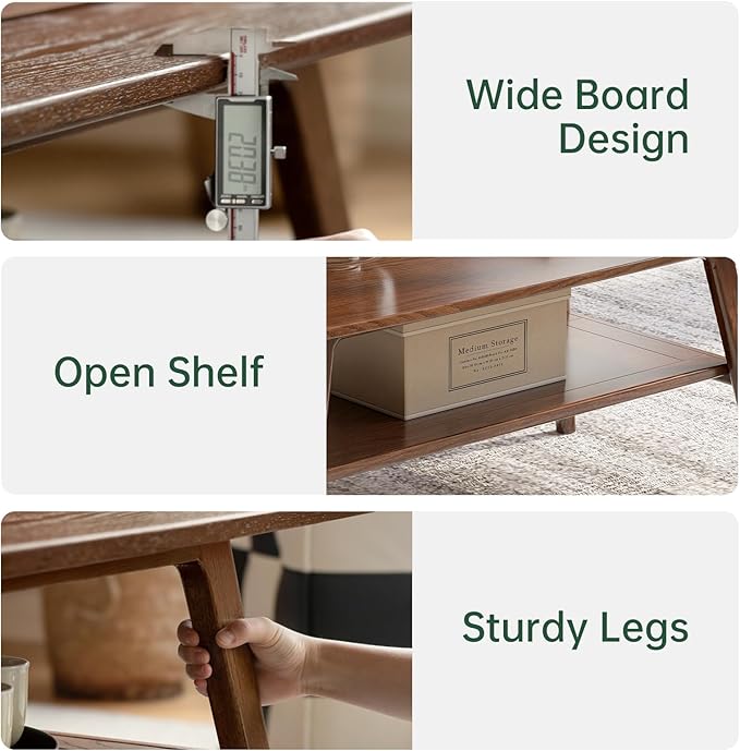 Wayshome 100% Solid Oak Wood Coffee Table for Living Room, 2-Tier Small Table with Storage Shelf, Mid Century Modern Coffee Tables (Walnut, 31.49" x 19.68" x 17.32")