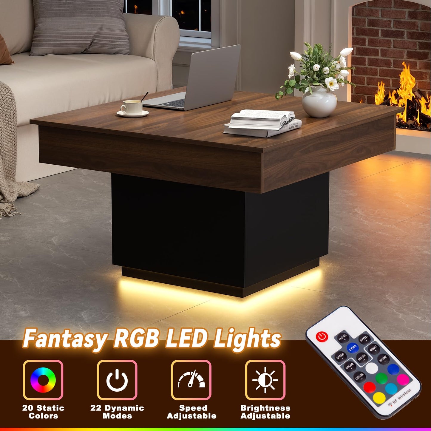 FABATO Lift Top Coffee Table with LED Light and Charging Station, 31.5 Inch Square Coffee Table with Hidden Storage, Modern Farmhouse Center Table for Living Room, Reception Dinning Room,Black
